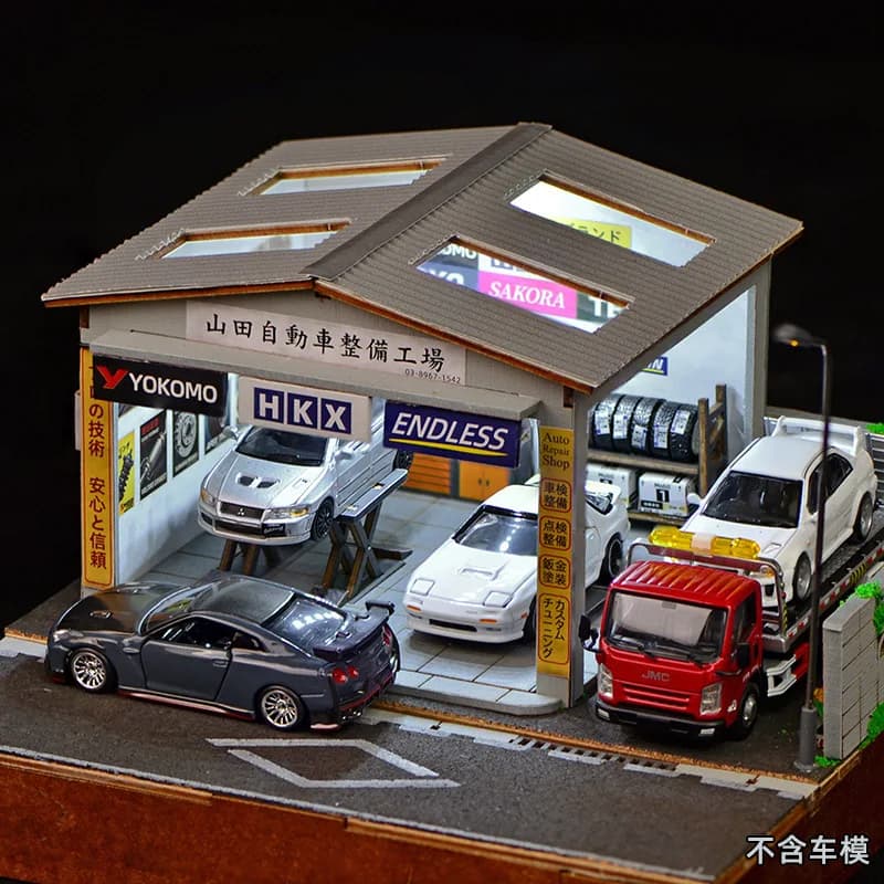 1:64 Scale DIY Auto Repair Shop Diorama Kit with LED Lights, Miniature Garage Workshop for Model Car Display