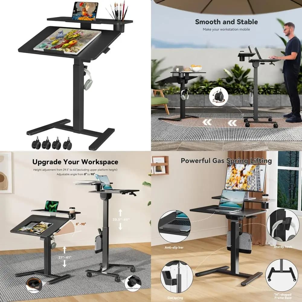 Scrivania con ruote regolabile in altezza 28 con spazio di archiviazione, supporto mobile per laptop, tavolo da studio portatile, nero