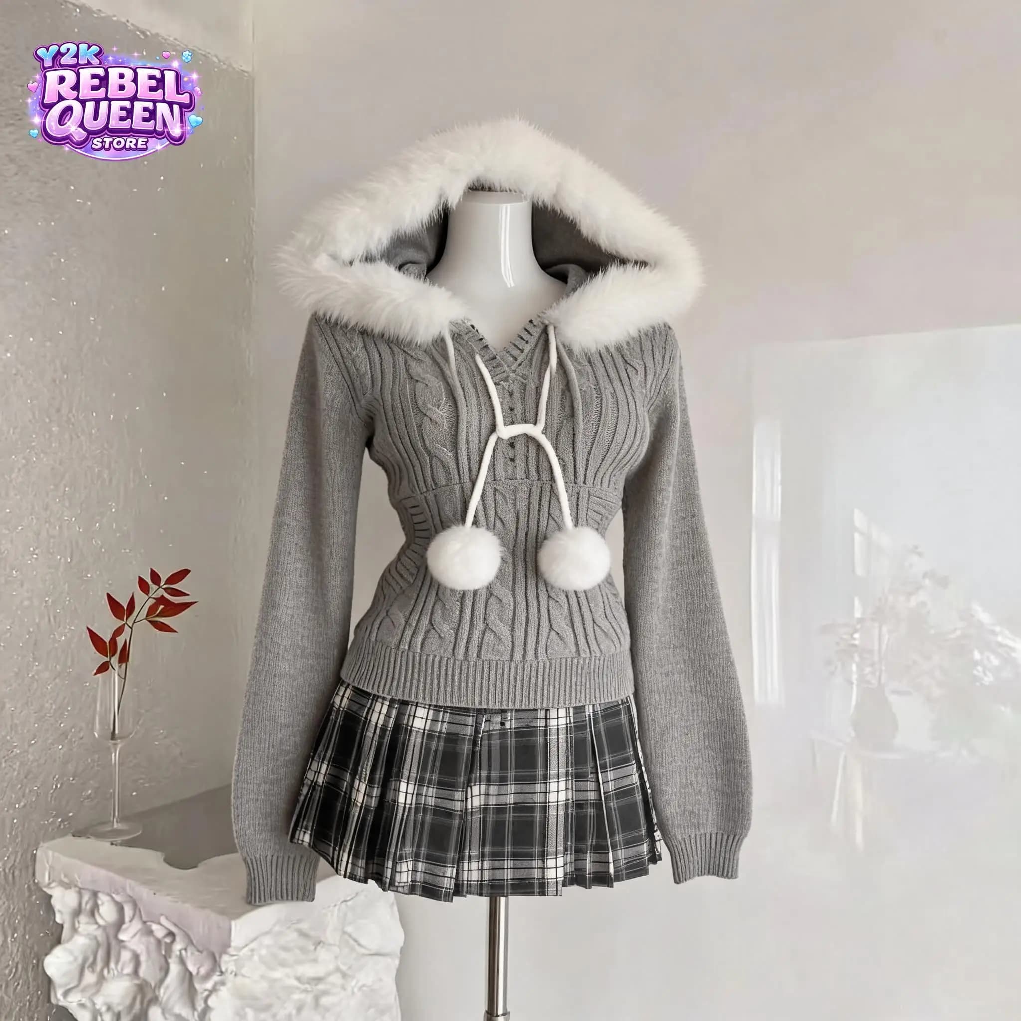 Y2k Vintage Casual Sweaters 2 Piece Set Women Fuzzy Trim Pom Pom Cable Knit Sweater Plaid Pleated Skirt Slim Fit Daily Wear