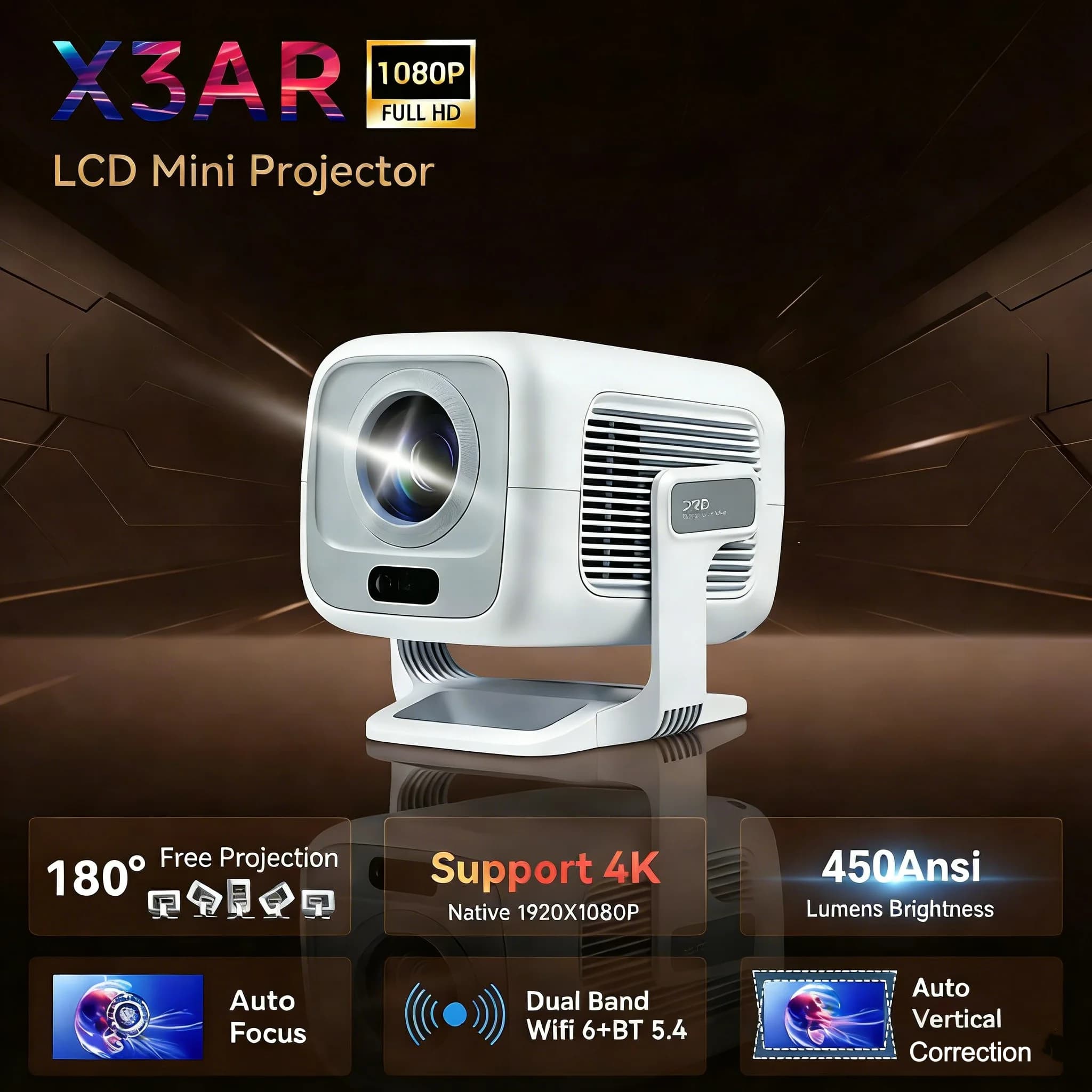 Proiettore X3 con Calibrazione Visiva AI, Full HD 1080P Nativo, Supporto 4K, Android 11, 450 ANSI, Dual Wifi 6, BT 5.4, Allwinner H713, Proiettore Domestico