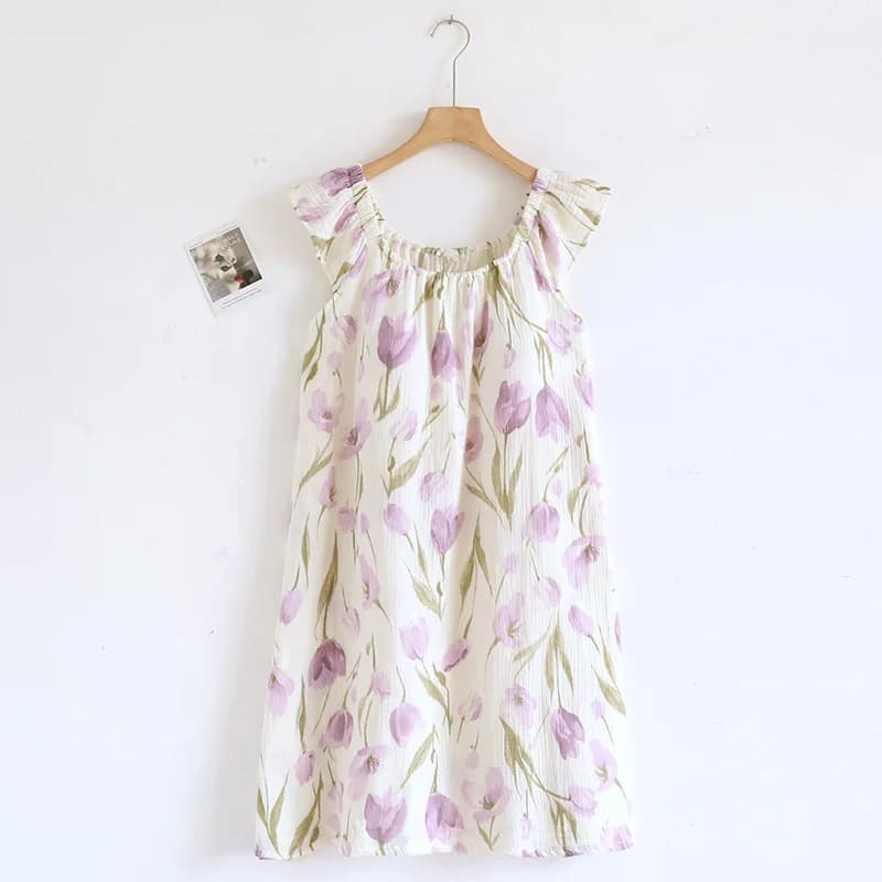 2026 New Summer Women's Sleeping Skirt 100% Cotton Crepe Cloth with Chest Cushion Tank Top Skirt Loose Thin Large Home Clothing
