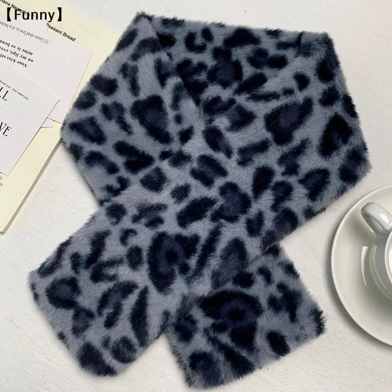 〔Funny〕Thicken Warm Leopard Print Scarf Windproof Soft Faux Fur Scarf Faux Rabbit Fur Faux Collar Winter Scarf Neck Wrap