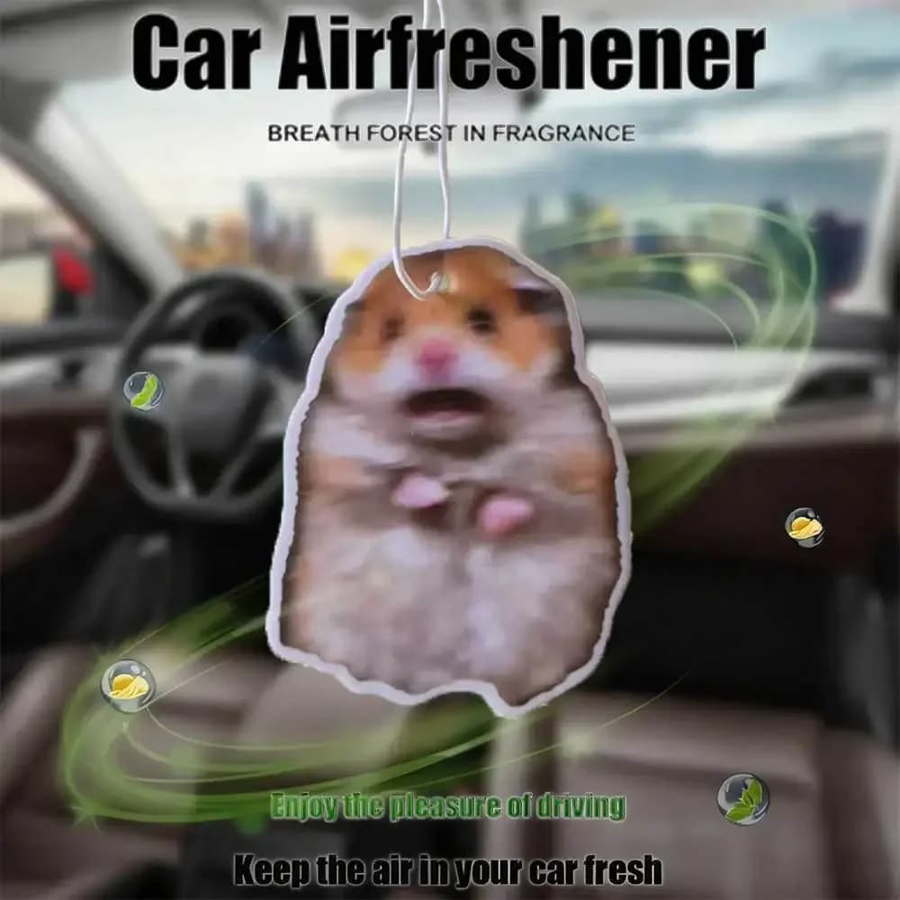 Deodorante per auto Hamster Panic Mode, carta da appendere con design divertente Meme, deodorante per ambienti di lunga durata per la presa d'aria dell'auto, decorazioni per la casa dell'ufficio