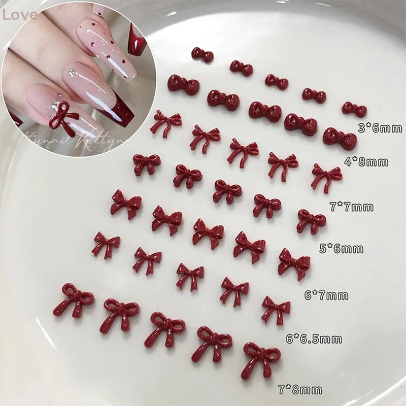 100PCS 3D Nail Art Fiocco rosso Pendenti e Ciondoli Forniture Kawaii Accessori Resina Per Unghie Decorastion Prodotto Manicure Decor Materiali Strumento