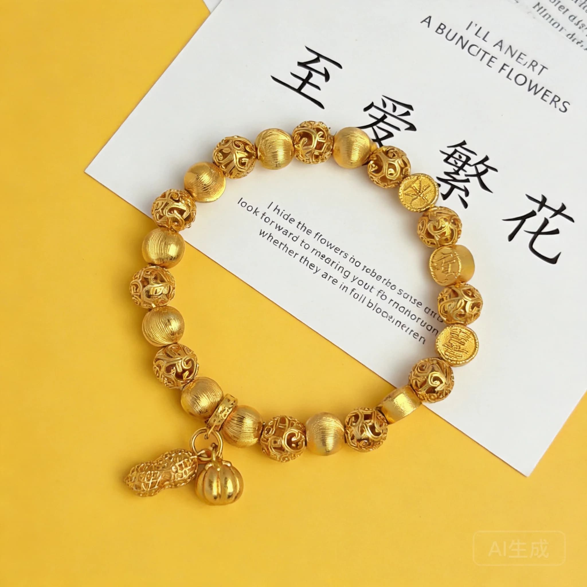 Bracciale con perline a forma di ortica e occhio di gatto, placcato oro 24k, in stile tradizionale cinese, portafortuna, per la ricchezza e la benedizione, per donna.