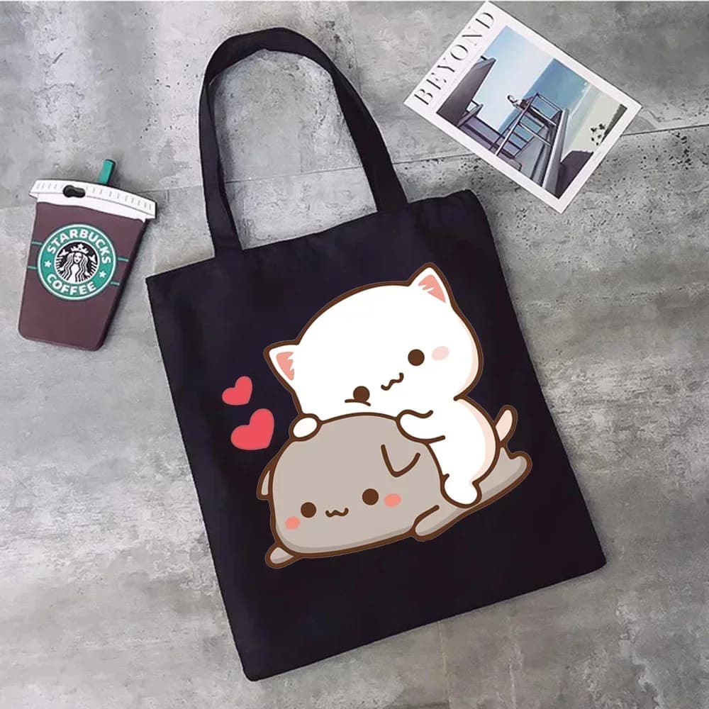 Borsa per la spesa con stampa Peach and Goma Mochi Cat Love Borsa per la spesa ecologica in cotone e iuta Borsa riutilizzabile pieghevole riutilizzabile Sac Tissu