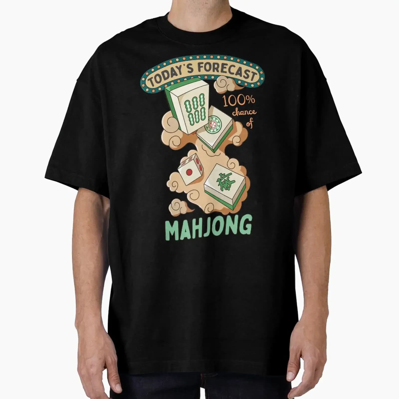 Mahjong Tiles And Clouds Cartoon Oversized T Shirt vintage Washed streetwear fashion graphic Stretched Soft Breathable Slightly