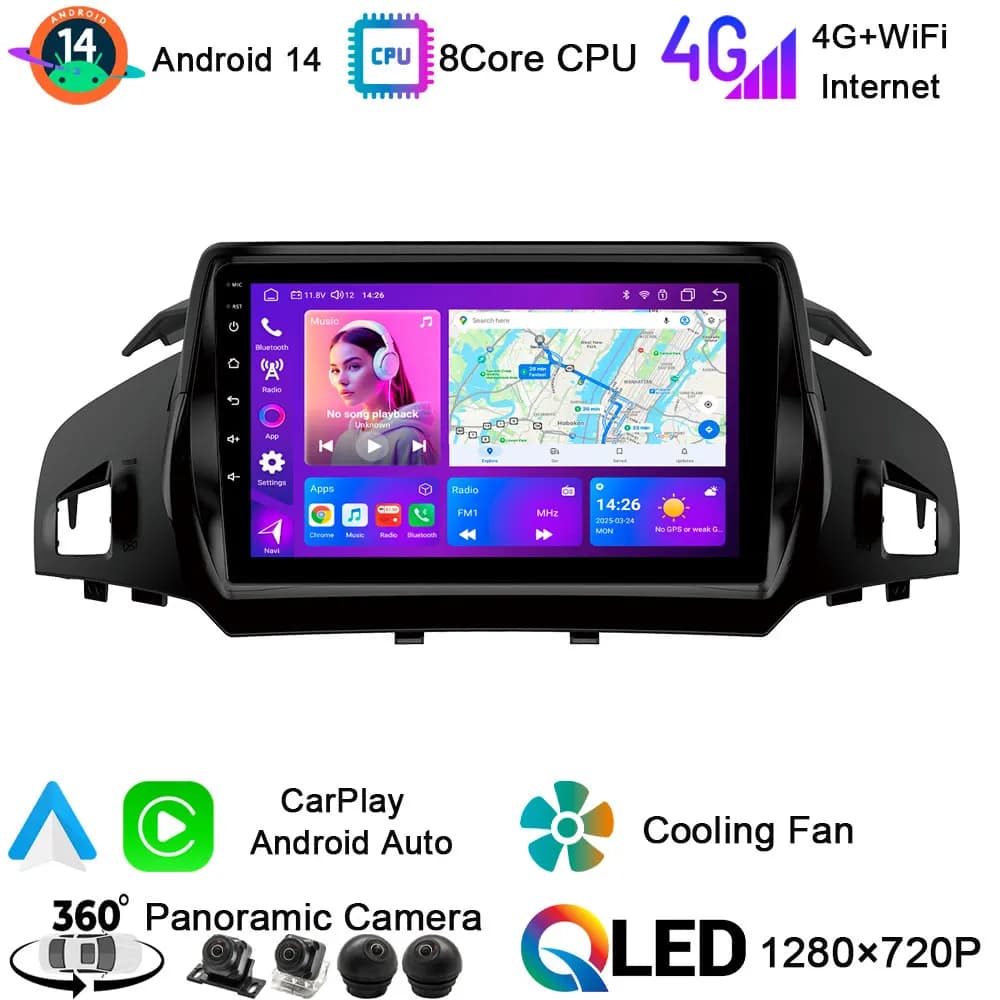 BT5.0 CIS Android 14 GPS Navigation Car Multimedia Player DAB 4G SIM DSP Auto Radio CarPlay For Ford Kuga C-Max Escape 2013-2018