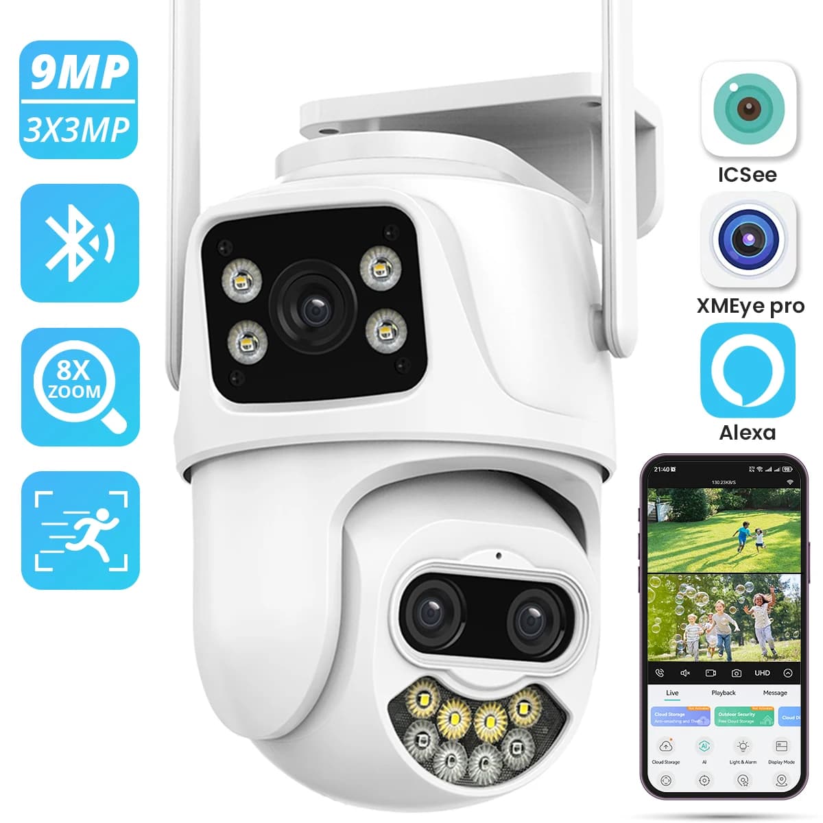 IP camera WIFI 9MP PTZ 3 lens external PTZ camera To human detection IP66 CCTV Video surveillance Security camera iCsee