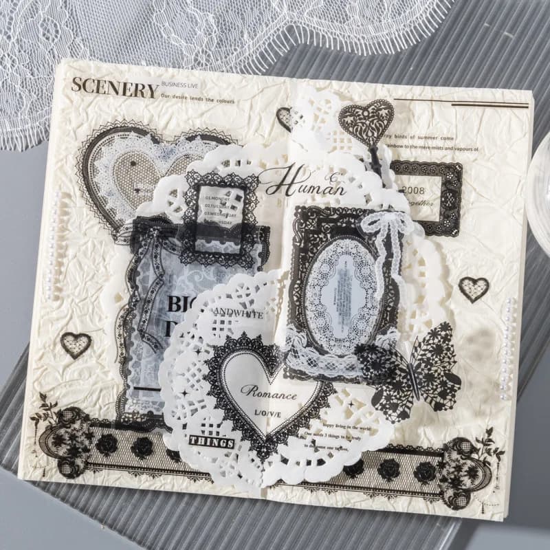 1pack/2pack Black & White Lace PET Sticker Pack Lace Academy Series 100 Sheets DIY Journal Decoration Materials