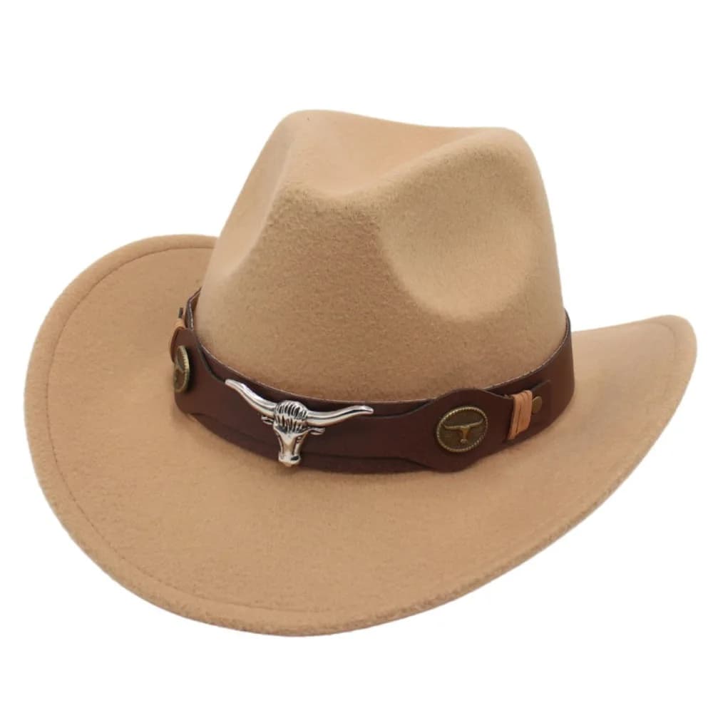 Cappello da cowboy in feltro con accessori a testa di bue e fascia con motivo mucca, stile tibetano, cappello a cilindro, stile etnico, tesa morbida arrotolata, cappello da cowgirl per bambini