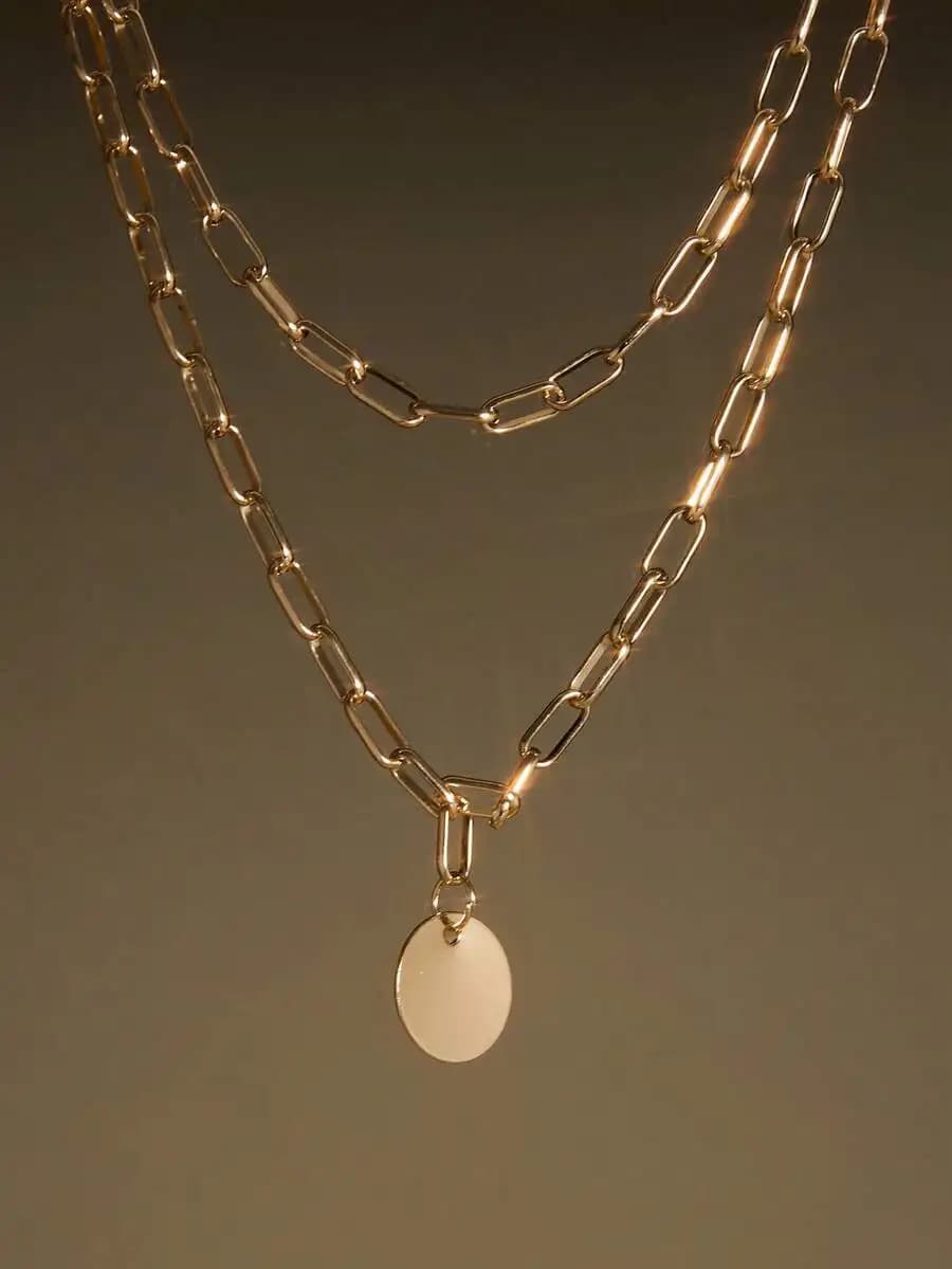 1pc Simple & Fashionable Metal Punk Chain Gold Necklace With Round Pendant And Multiple Layers For Women, Cross-Border Winter Gi
