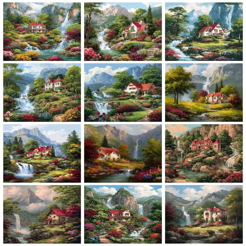 PhotoCustom Acrylic Paint By Numbers Scenery Village Painting By Numbers On Canvas Waterfall DIY Making Kits Home Decor