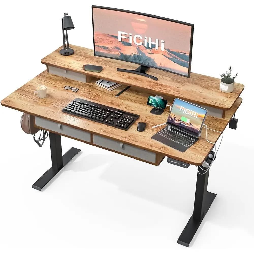 Scrivania Regolabile in Altezza Elettrica, 55x30, 4 Cassetti, Doppio Ripiano, 3 Impostazioni di Memoria, Supporto per Monitor, Ricarica USB