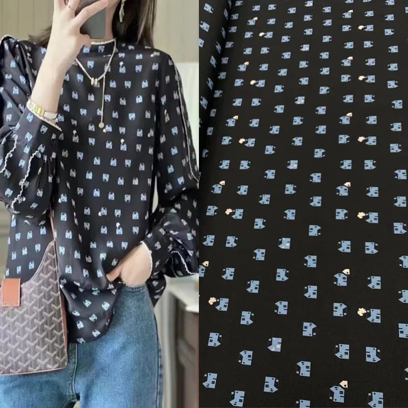 Black Small House Printing Stretch Crepe De Chine Silk Fabric Summer High-grade Mulberry Clothing Cloth 1.4 Meters Wide Sewing