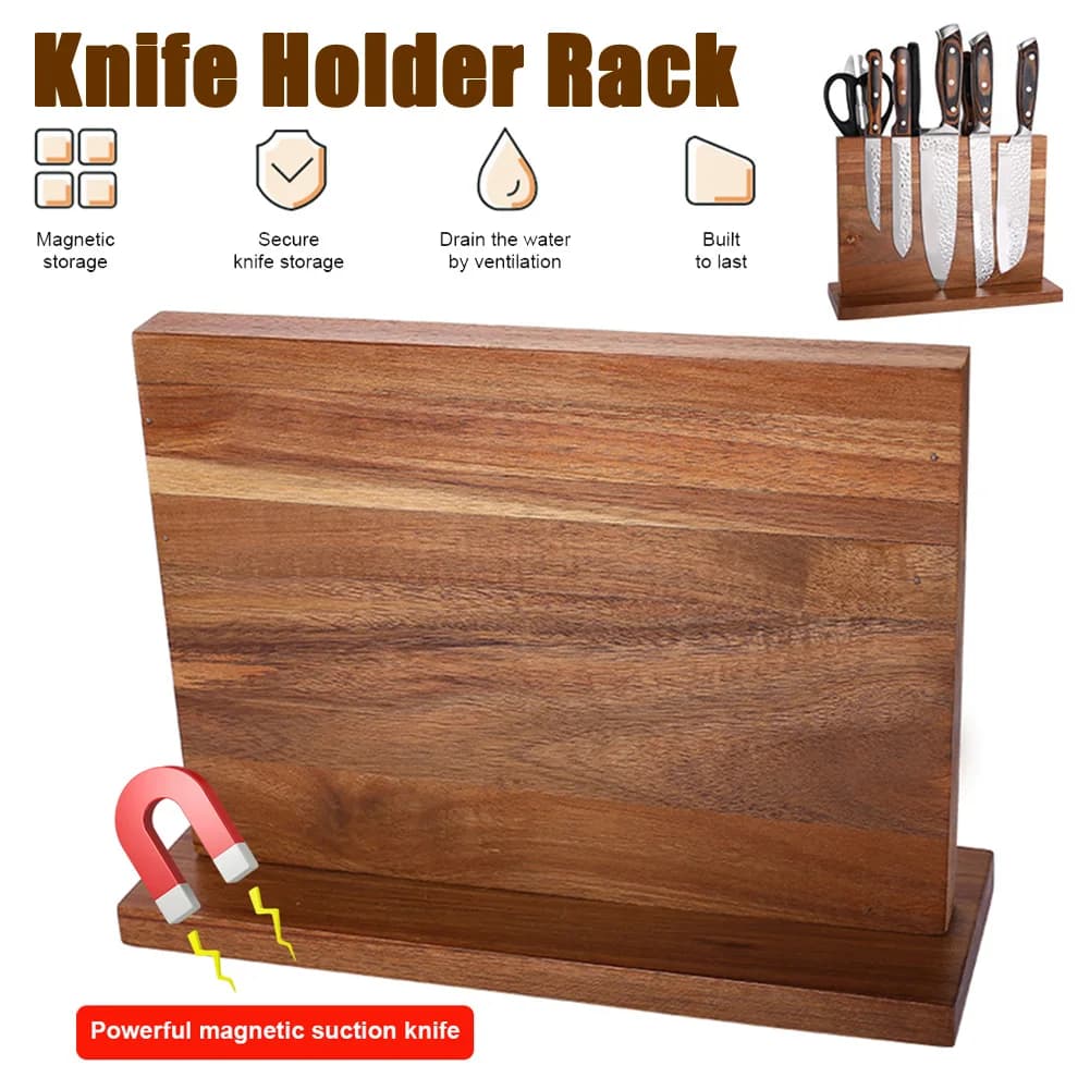 Portacoltelli Magnetico a Doppia Faccia in Legno, Supporto per Set di Coltelli con Magnete Potenziato, Organizzatore Multifunzionale