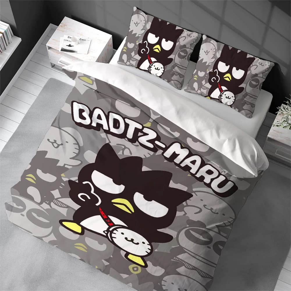 Set Copripiumino Badtz-Maru Stile Cartone Animato, Biancheria da Letto Morbida in Cotone, Set 3 Pezzi, Regalo per Dormitorio Studentesco