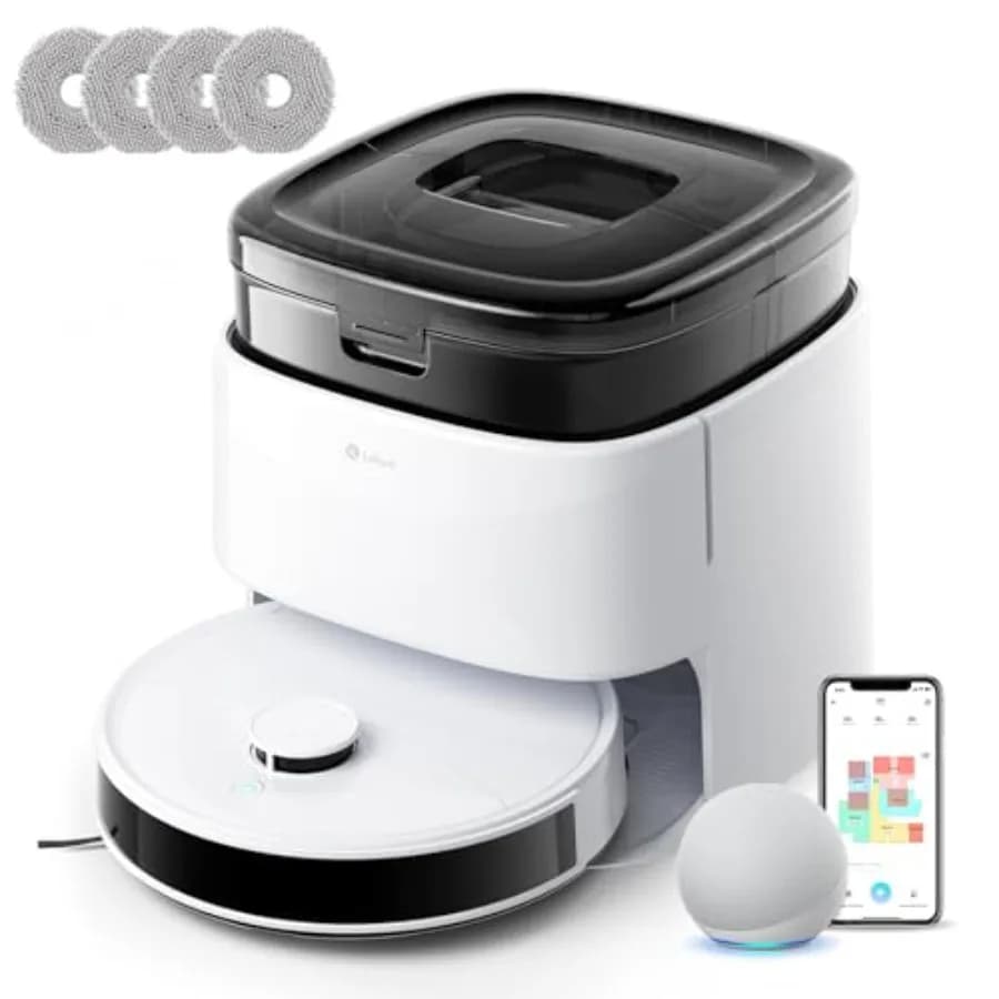 Robot Vacuum and Mop for pet hair on carpet, 12000Pa suction, 90-day self-emptying, obstacle avoidance, auto mop washing drying