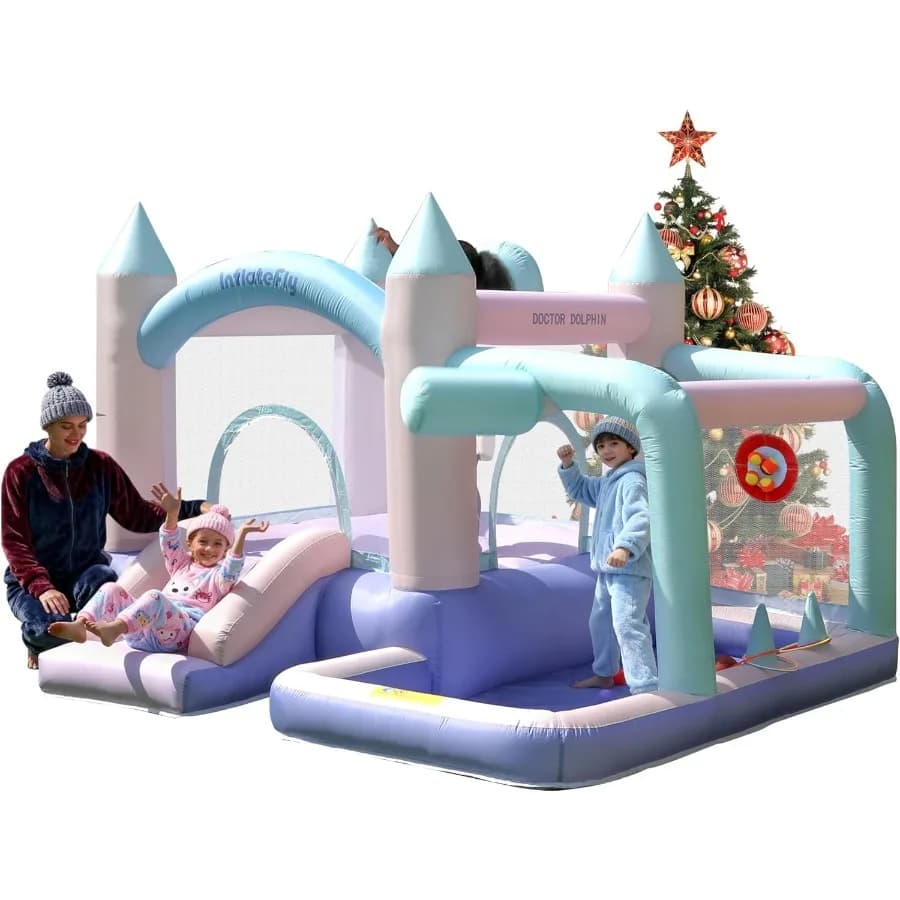 Inflatable Castle With Inflatable Bounce House Slide With Inflatable Ball, Basket Circle, Launch Ring, Outdoor and Indoor Party Target Game