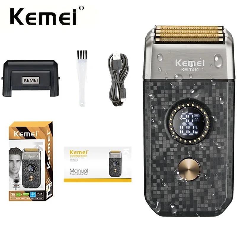 Rasoio Elettrico Kemei T410 con Testina a Lamina, Tripla Lama, per Uomo, Rasatura a Zero, Rifinitore Barba, Impermeabile
