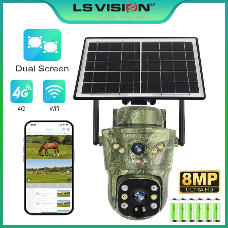 LS VISION 8MP 4G Solar Hunting Trail Camera Impermeabile PIR MotionDetection Outdoor Wildlife Tracking Cam 940nmh Notte a infrarossi