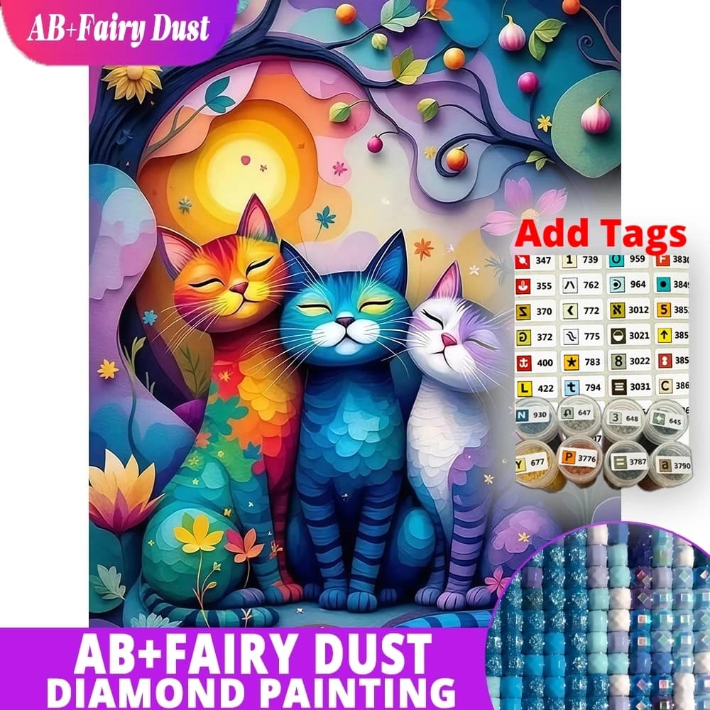 AB Fairy Dust DIY Diamond Painting Cat Kitten 5D Full Drill Mosaic Cartoon Animal Embroidery Flower Creative Leisure Handmade