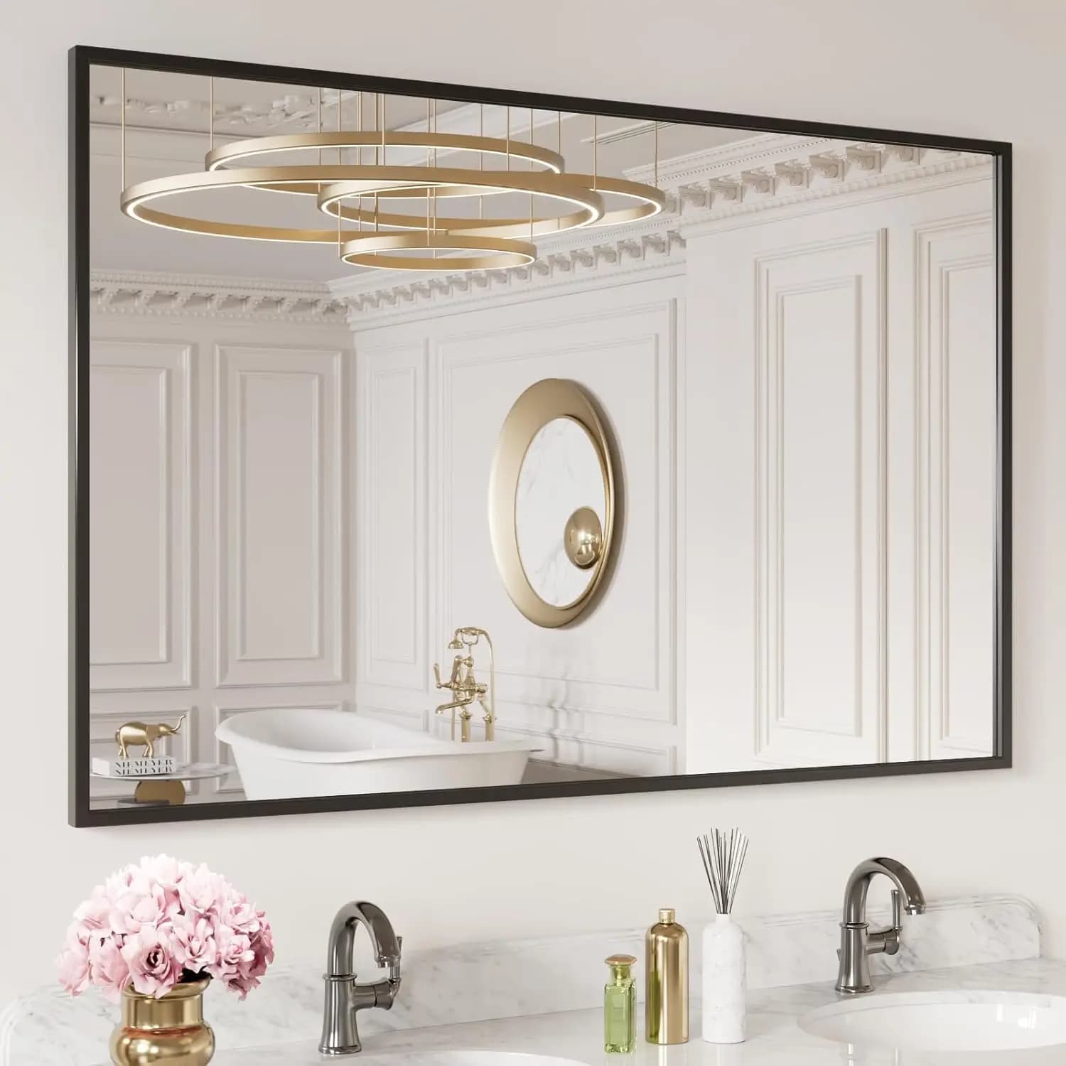 48 X30 Black Rectangle Bathroom Mirror Matte Aluminum Alloy Frame Tempered Glass Hangs Vertically Horizontally Easy Install