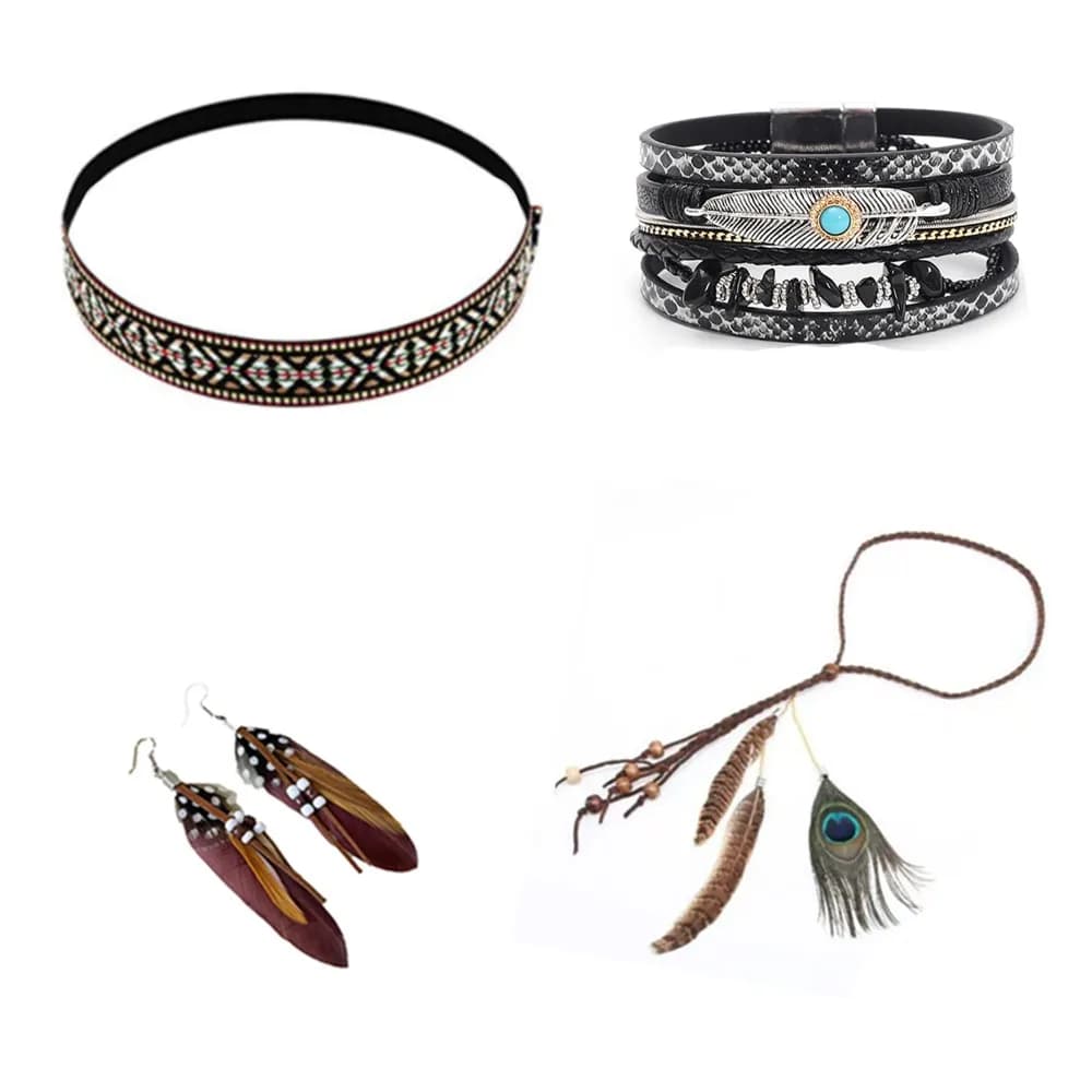 Set di Gioielli PESENAR in Stile Nativo Americano: Collana Intrecciata, Braccialetto Intrecciato, Fermaglio per Capelli con Piuma, Orecchini con Nappine - Stile Tribale Boho