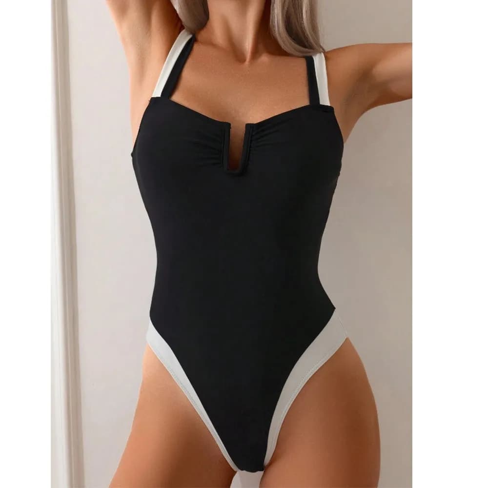 Tankini Donna 2026 con Scollo a V Profondo, Bikini Nero e Bianco a Vita Alta, Costume da Bagno con Arricciatura sul Seno, Tankini da Donna