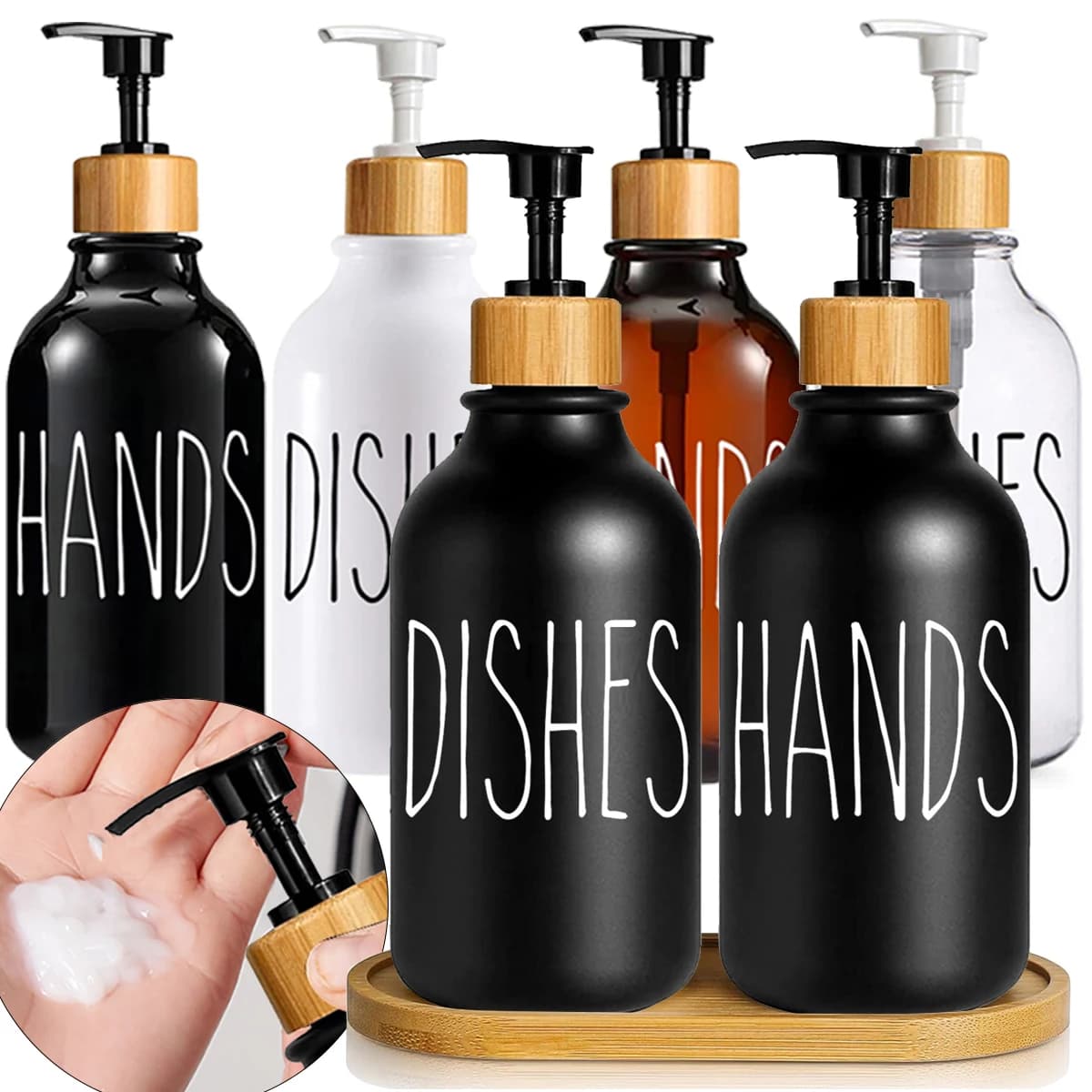 Set dispenser di sapone per piatti e mani Dispenser di sapone liquido per mani e piatti con pompa in bambù per l'arredamento del bagno della cucina
