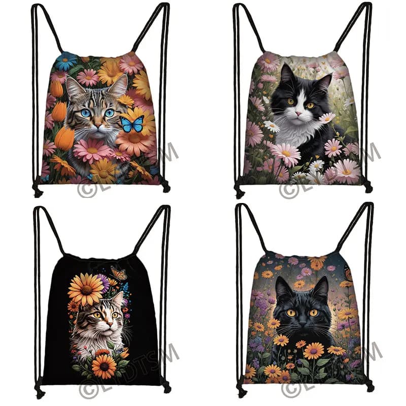 Borsa con coulisse con stampa gatto fiori di cartone animato Zaini Kawaii Black Cat Moon per viaggi Borsa per libri per adolescenti Borse porta scarpe