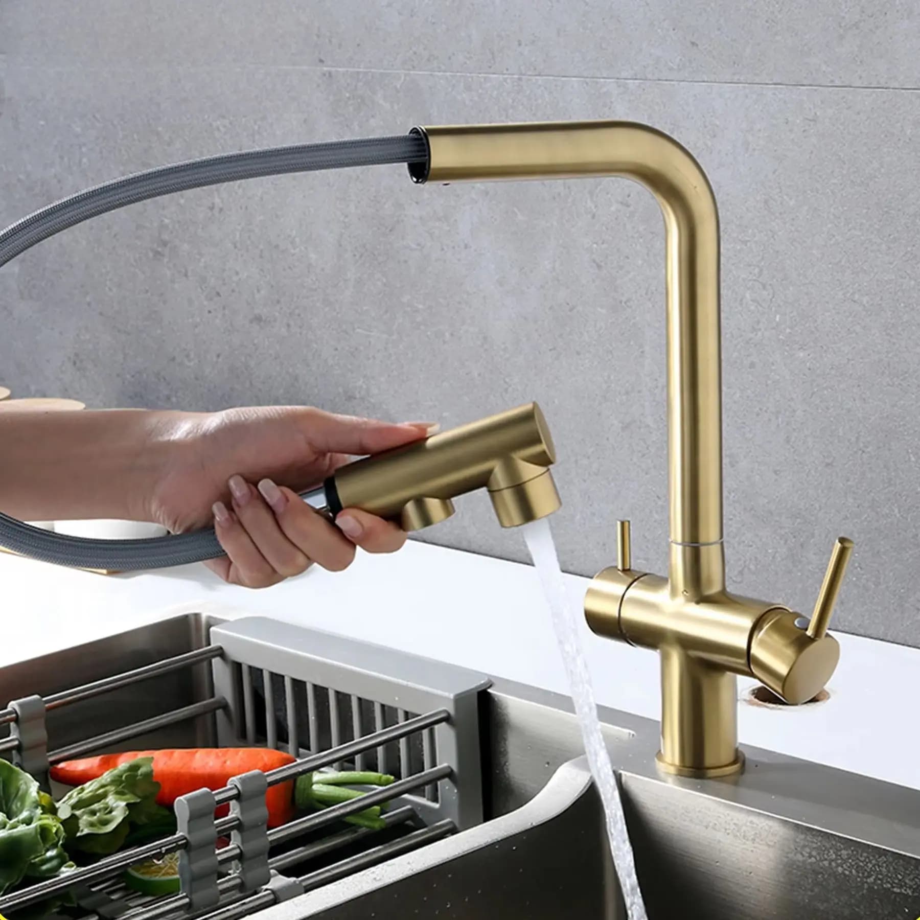 Rubinetto da cucina e bagno estraibile nero, montaggio su piano, con doccetta a getto, miscelatore acqua calda e fredda