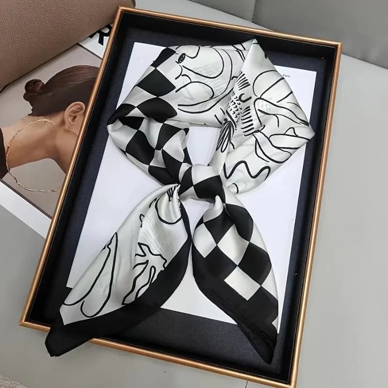 Black White Checkered Abstract Line Print Satin Small Square Scarf Women Fashion Neck Scarf