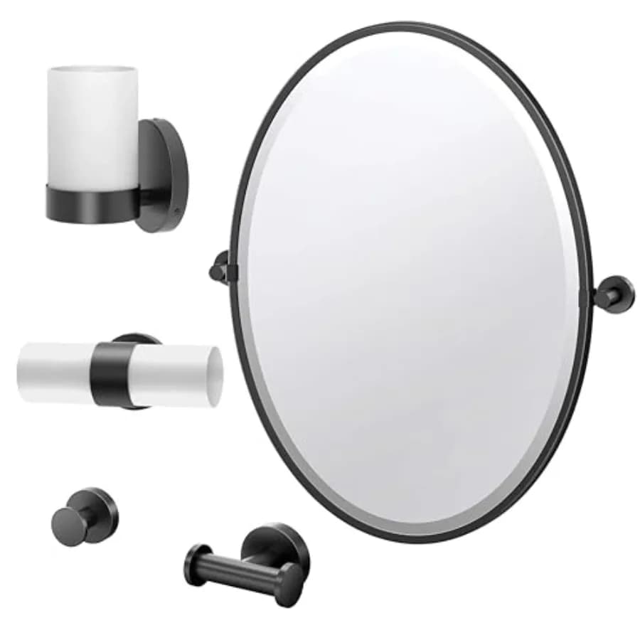 Set di Accessori Glamour per Bagno: Specchio Ovale Incorniciato, Ganci Appendiabiti e Applique da Parete, Finitura Nero Opaco