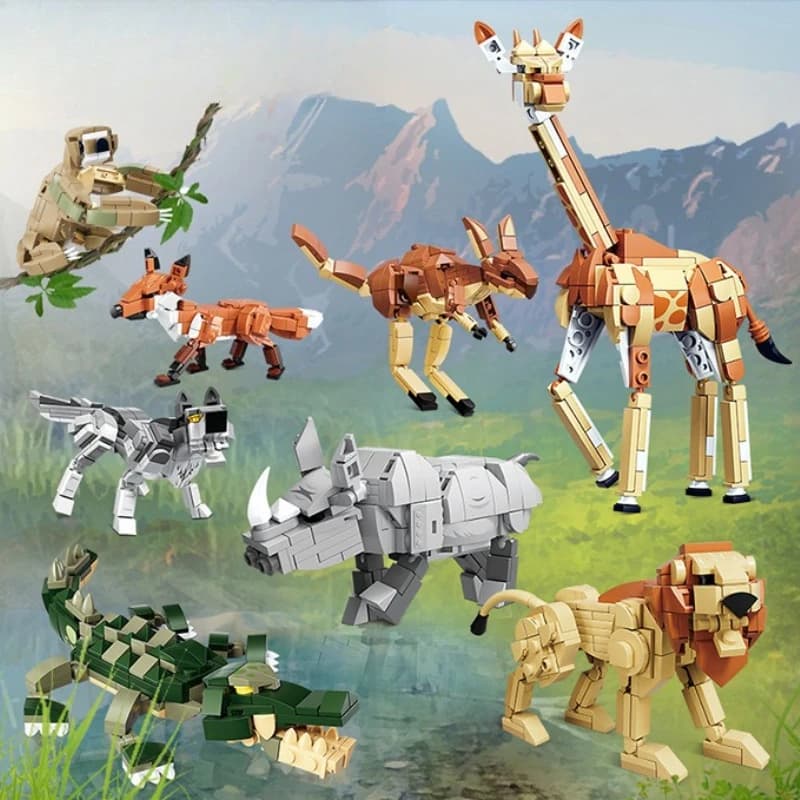 Blocchi da Costruzione per Bambini - Serie Mondo Animale: Giraffa, Canguro, Volpe, Lupo, Rinoceronte, Leone - Modelli da Assemblare