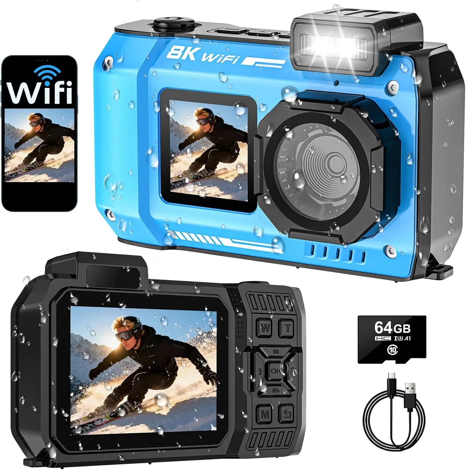 Waterproof camera UHD 8K, 70MP, WiFi, Double Screen for Selfie, 33FT, with 64GB card and 2500mAh battery for Snorkeling