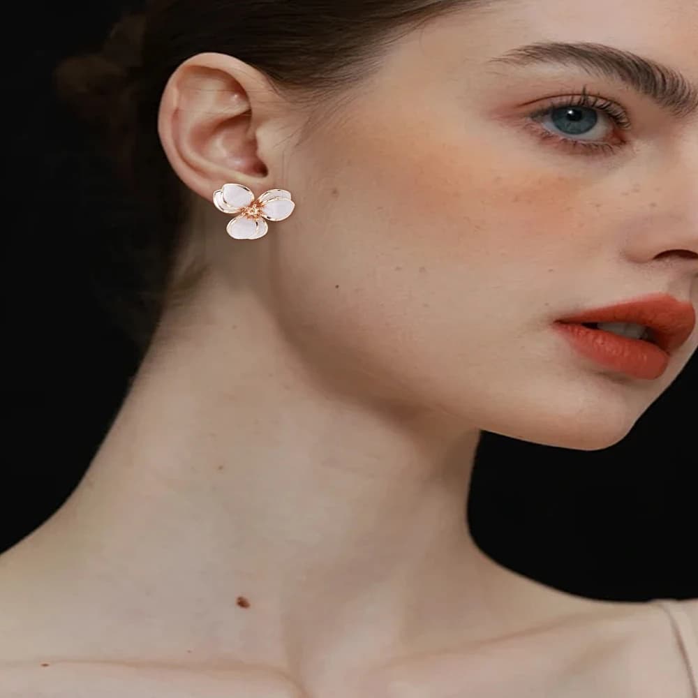 1 Pair Alloy Enamel Stud Earrings Flower Light Gold PapayaWhip 30x32mm