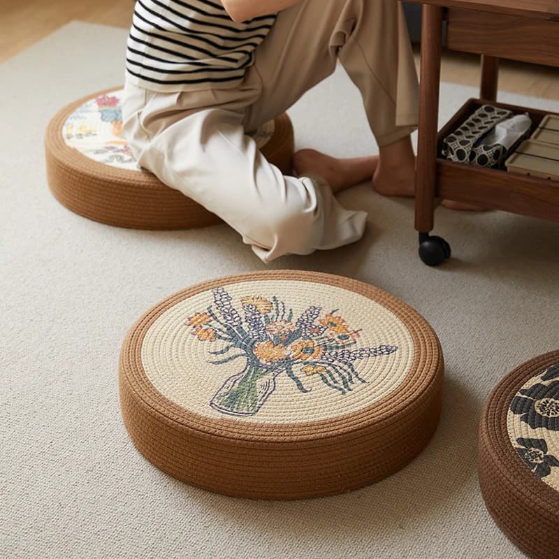 Round Thick Floor Cushion Large Size Tatami Meditation Pouf Retro Style Household Sitting Mat for Living Room