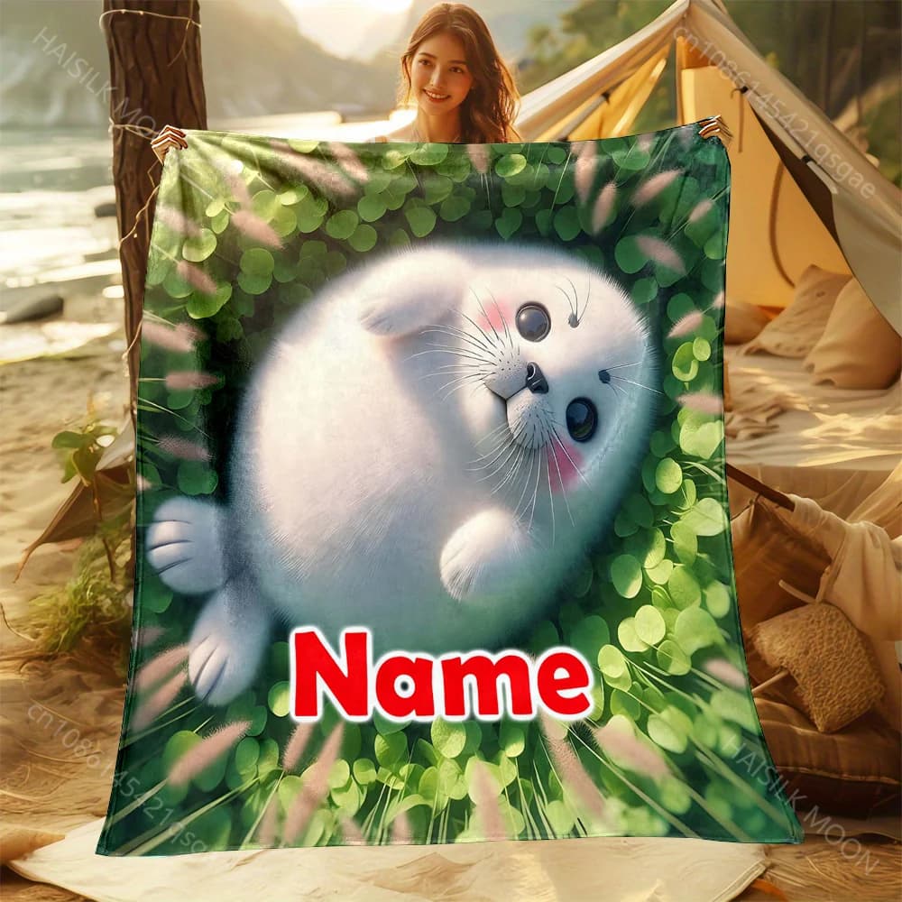 Simpatico piccolo delfino Stampa di cartoni animati Coperta con nome personalizzato Coperta calda e morbida per divano letto Viaggi Campeggio Picnic RV Regalo per bambini