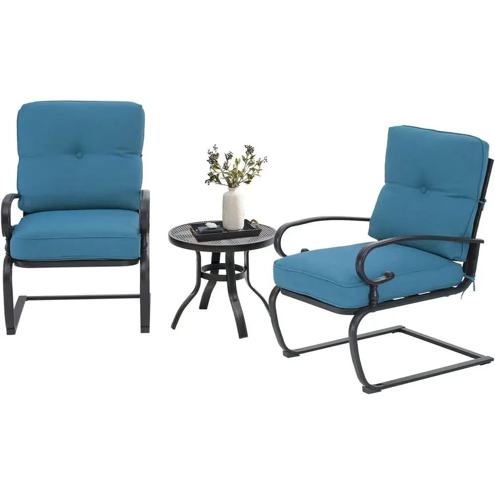 Set Bistrot da Esterno in Metallo a 3 Pezzi con Sedie Imbottite e Tavolo in Ferro Battuto Blu