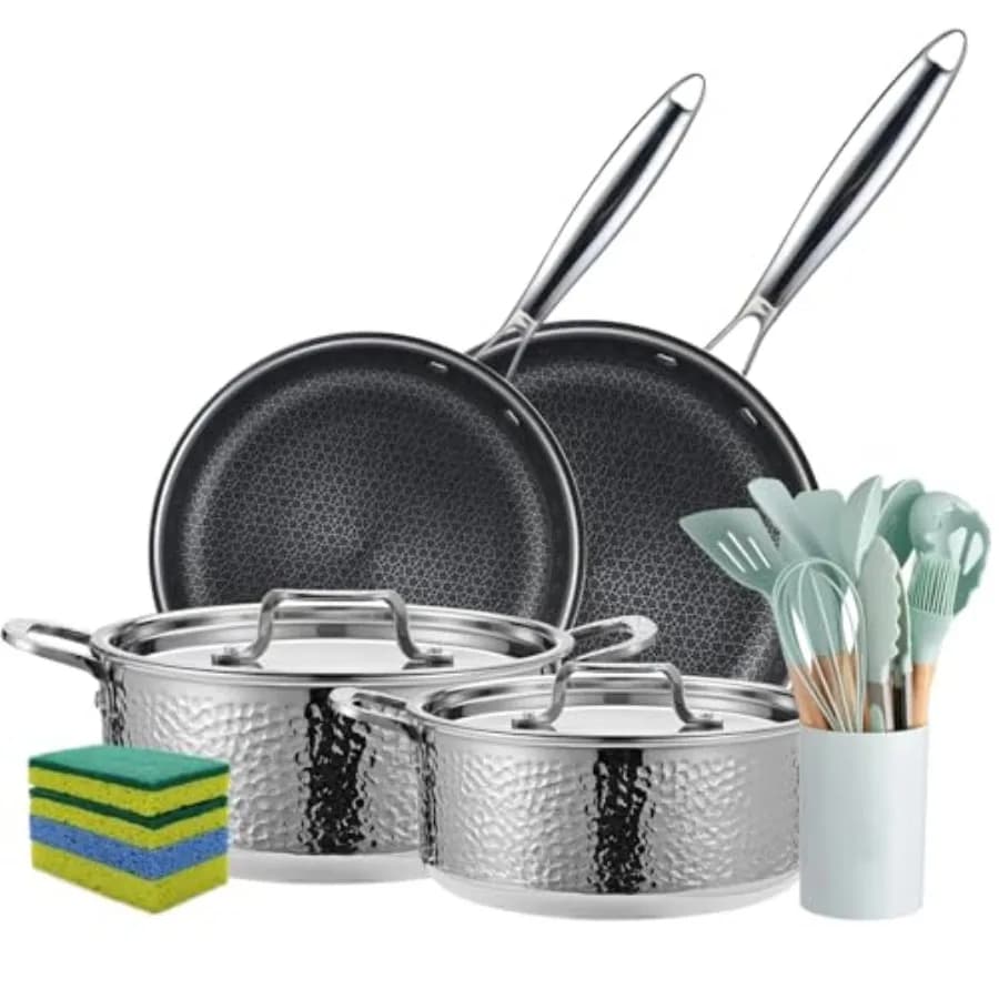 Set di Pentole in Acciaio Inox Tri-Ply da 20 Pezzi, Pentole e Padelle Martellate con 2 Padelle Antiaderenti e 2 Pentole con Coperchi 304 Inter