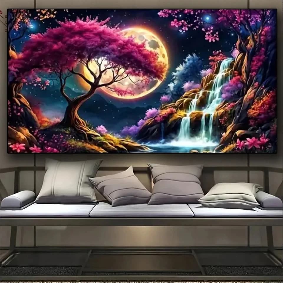 Kit di pittura diamante fai da te di grandi dimensioni per mosaico di diamanti cascata Sakura paesaggio dipinti di arte diamante kit artigianali trapano completo