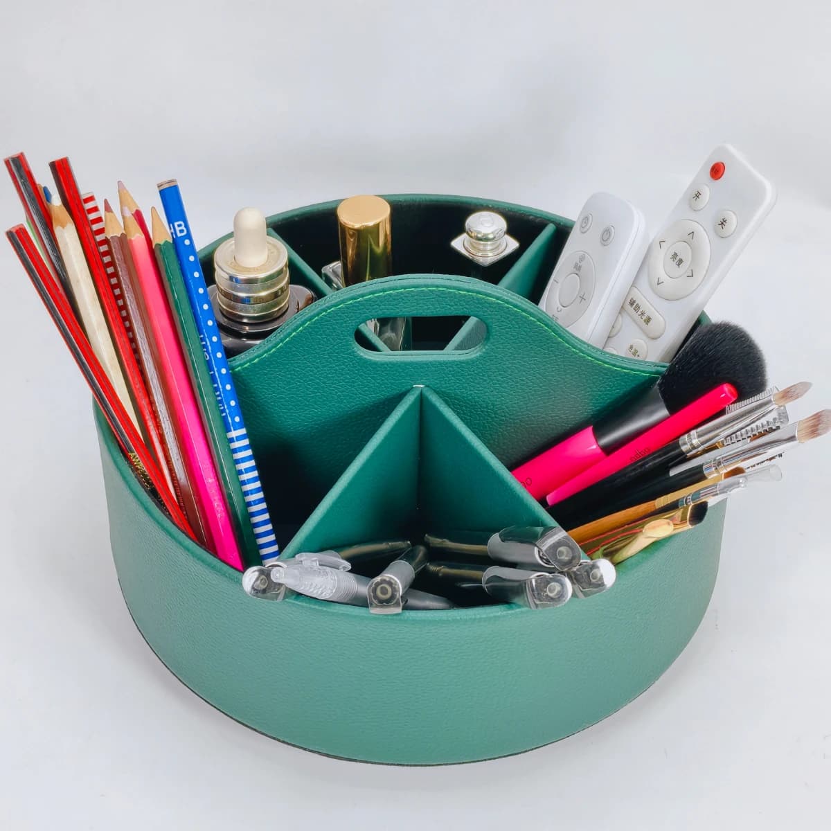 360° Rotating PU Leather Desktop Organizer with Handle 6-Compartment Spinning Makeup Storage Box for Vanity Office Study Gifts