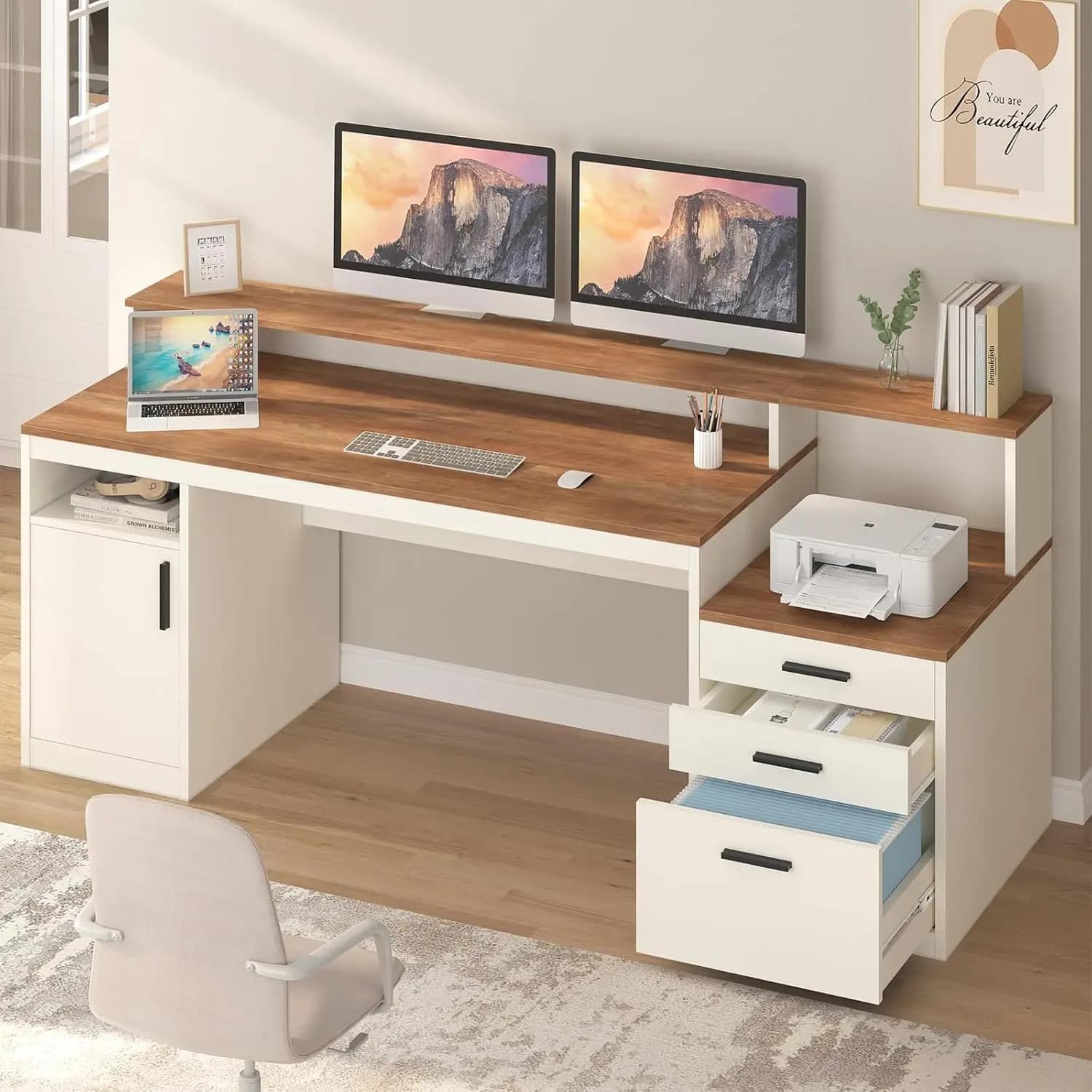 Scrivania Direzionale da 65 Pollici con 3 Cassetti, Ripiani Portaoggetti, Mobiletto Portadocumenti, Supporto Monitor, Ripiano Stampante, Bianco Antico, Personalizzabile