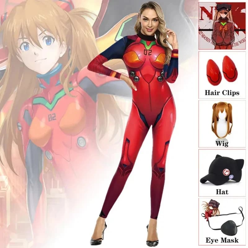 ♥AA cosplay bodysuit Zentai costume adults kids Asuka Langley Soryu wig hair clips Halloween carnival Pur New 2026
