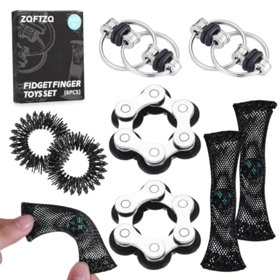 Quality Assurance 8Pcs Sensory Fidget Toys with Fidget Spinner Anxiety Toy Acupressure Rings Bike Chain Marble Mesh and Flippy
