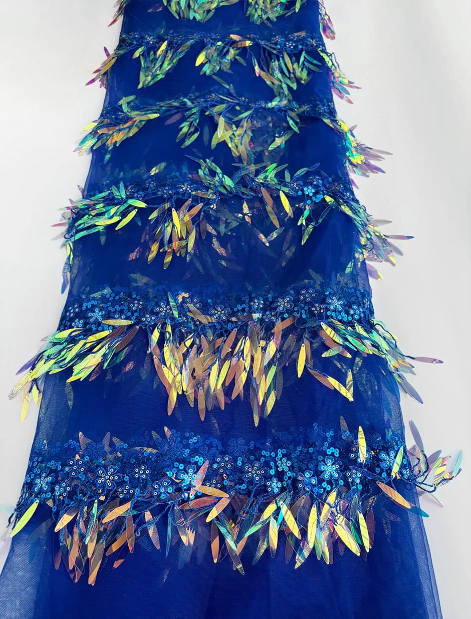 Tessuto in Tulle con Paillettes Unico, Grande e Lungo, Ricamato a Mano, in Stile Africano e Francese, per Abiti e Moda