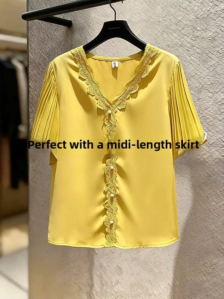 Elegante camicia coreana con scollo a V e maniche corte in pizzo, camicia coreana dall'aspetto giovanile, nuova moda estiva da donna