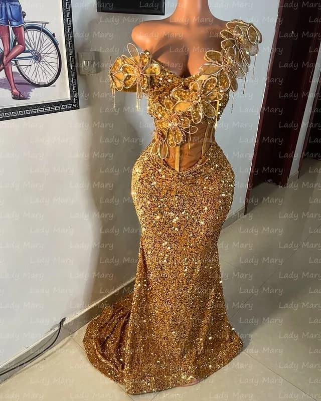 Abiti da ballo dorati personalizzati Paillettes Sirena con spalle scoperte Abiti da festa di compleanno formali Aso Ebi Abito africano 2025