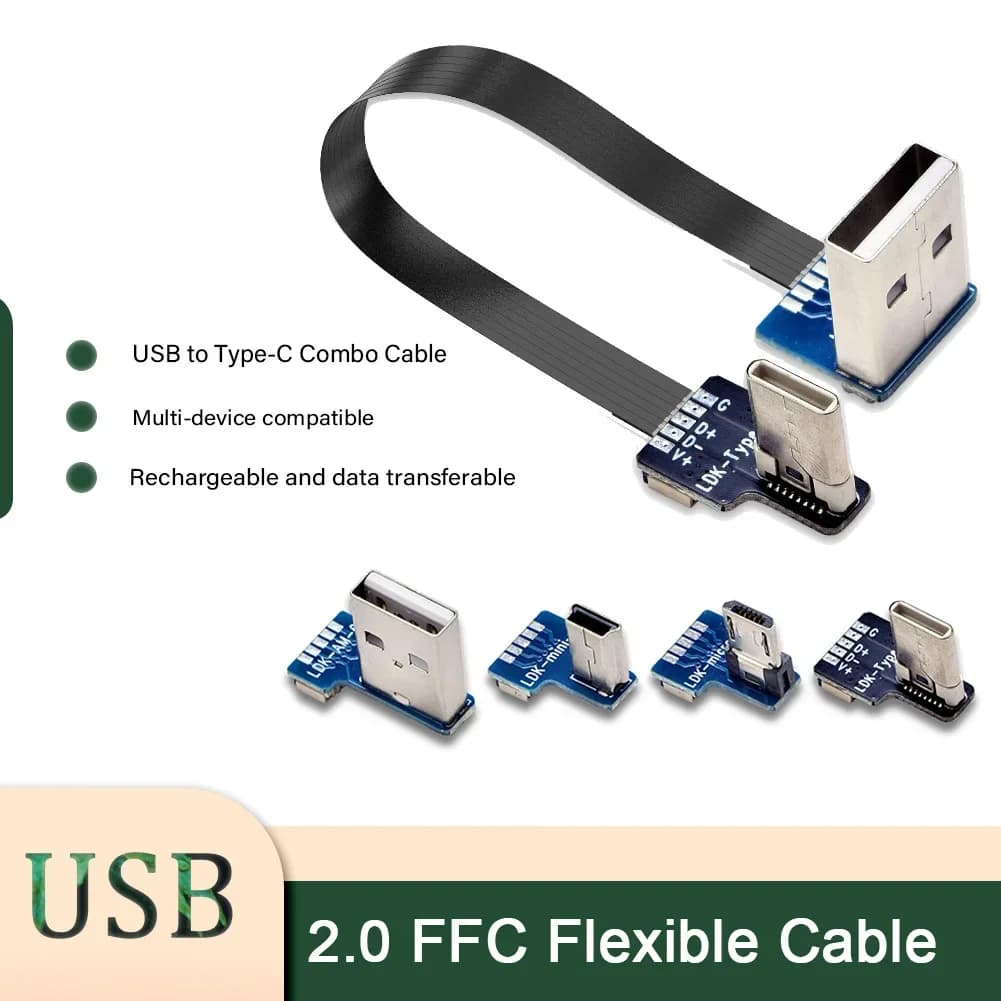 Flexible Flat FFC PCB Cable USB2.0 Elbow to Micro usb Male Data Charging 5P Connection Right Angle Left Right up down Stereo